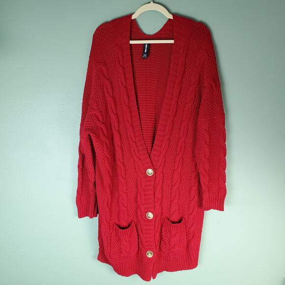 Agnes & Dora Womens Red Boyfriend Cardigan VNeck Cable Knit Button Front Size XL - Picture 1 of 4
